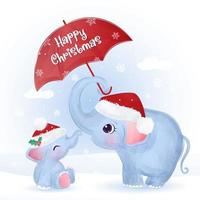 biglietto di auguri di Natale con mamma carina e elefantino vettore