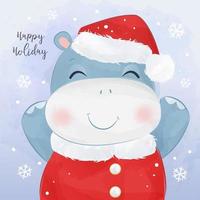 biglietto di auguri di Natale con cute baby ippopotamo vettore