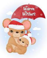 biglietto di auguri di Natale con mamma carina e topolini vettore