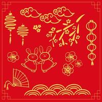 Cinese nuovo anno 2023, il anno di il coniglio, rosso e oro linea arte personaggi, semplice disegnato a mano asiatico elementi . vettore