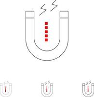 magnete attirare attrarre attrezzo grassetto e magro nero linea icona impostato vettore