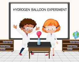 giovane scienziato che fa esperimento con palloncino a idrogeno davanti a una tavola in laboratorio vettore
