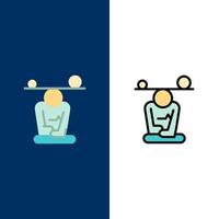 equilibrio concentrazione meditazione mente consapevolezza icone piatto e linea pieno icona impostato vettore blu sfondo