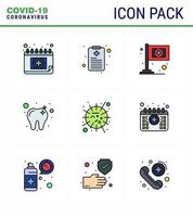 9 pieno linea piatto colore impostato di corona virus epidemico icone come come virus mers bandiera influenza dente virale coronavirus 2019 nov malattia vettore design elementi