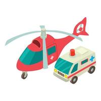 medico trasporto icona isometrico vettore. rosso elicottero e ambulanza auto icona vettore