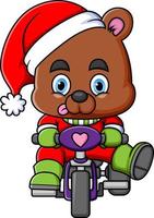 carino bambino orso equitazione bicicletta e indossare Santa costume vettore