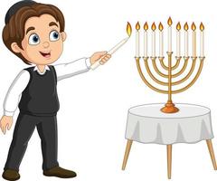 contento ebraico ragazzo luci hanukkah candele vettore