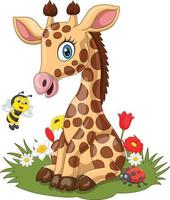 cartone animato poco giraffa con ape nel il erba vettore