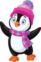 cartone animato pinguino indossare cappello e sciarpa vettore