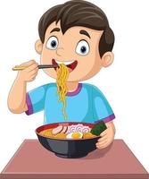cartone animato poco ragazzo mangiare ramen spaghetto vettore