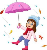 cartone animato poco ragazza Tenere ombrello nel il pioggia e caduta autunno le foglie vettore