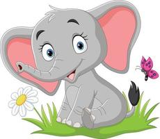 cartone animato bambino elefante con farfalla nel il erba vettore