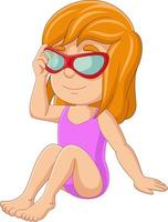 cartone animato poco ragazza seduta con occhiali da sole vettore