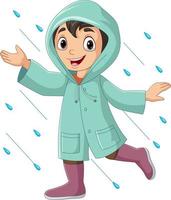 cartone animato poco ragazzo indossare impermeabili e stivali nel il pioggia vettore