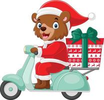 cartone animato orso nel Santa Claus costume consegna i regali su un' scooter vettore