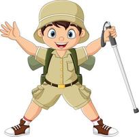 cartone animato escursionista ragazzo con a piedi bastone vettore