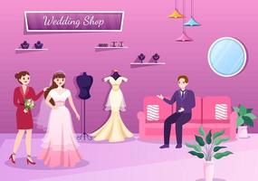 nozze negozio con gioielleria, bellissimo sposa abiti e Accessori adatto per manifesto nel piatto cartone animato mano disegnato modello illustrazione vettore