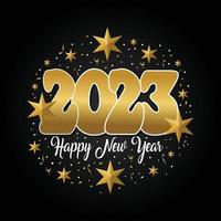 contento nuovo anno 2023 con festivo. lettering composizione con stelle e brilla. vettore illustrazione. buio sfondo. vacanza decorativo elementi. congratulazione