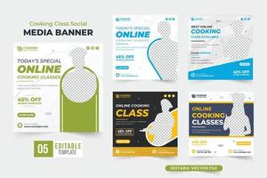 cucinando lezione promozionale manifesto fascio design per marketing. cucinando classe sconto modello collezione con verde e giallo colori. capocuoco formazione classe sociale media inviare impostato per il ristorante. vettore