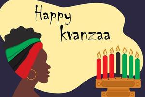 africano donna con fascia per capelli e candelabri con candele nel tradizionale colore Africa. contento Kwanzaa vettore
