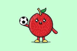 carino cartone animato lychee personaggio giocando calcio vettore