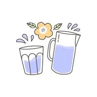 carino illustrazione con caraffa e bicchiere. acqua schizzi, fiori e le foglie decorare il illustrazione. vettore