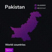 carta geografica di Pakistan. vettore neon piatto carta geografica con Viola, viola, rosa a strisce struttura su nero sfondo. educativo striscione, manifesto di Pakistan