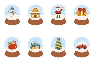 cartone animato mano disegnato collezione di neve globo. neve palla con pupazzo di neve, decorato Casa, Santa Claus e cervo, Natale albero, Borsa con i regali, campane e rosso nastro, auto nel neve, regalo con pino rami. vettore