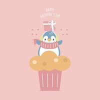 carino e bello mano disegnato pinguino Tenere regalo e Cupcake con cuore, contento San Valentino giorno, amore concetto, piatto vettore illustrazione cartone animato personaggio costume design