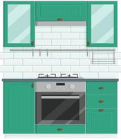 accogliente moderno linfa verde cucina concetto. cucina impostato con gas stufa e forno e con bianca titoli su il baskground. interno design vettore illustrazione nel piatto stile