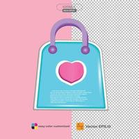 shopping Borsa icona con amore 3d vettore illustrazione