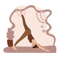 donna pratica yoga esercizio. attivo persona godendo aerobica. donna praticante corpo allungamento. piatto stile. vettore. vettore
