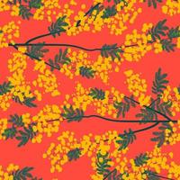 botanico senza soluzione di continuità modello con giallo mimosa fiori e le foglie su un' bianca sfondo. sfondo con elegante fioritura impianti. vettore illustrazione