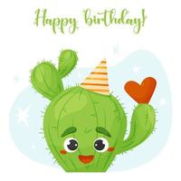 saluto carta con carino cactus personaggio nel compleanno cappello e con cuore. contento compleanno. vettore illustrazione nel piatto stile.