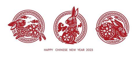 Cinese nuovo anno 2023 anno di il coniglio. impostato di lunare nuovo anno rosso coniglio zodiaco nel cerchio cartello su bianca sfondo design concetto. vettore illustrazione