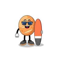 portafortuna cartone animato di francese pane come un' surfer vettore