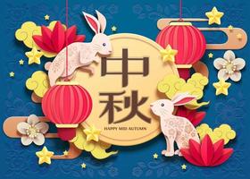 contento medio autunno Festival carta arte design con bianca coniglio e lanterne elementi su blu sfondo, vacanza nome scritto nel Cinese parole vettore