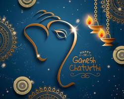 contento ganesh Chaturthi design con di ganesha testa composto di metallico linea su blu sfondo vettore