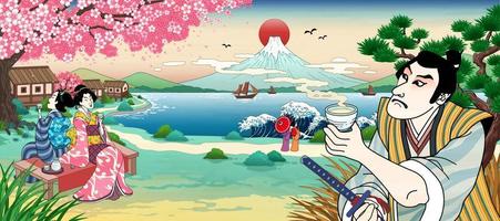 ukiyo e stile giapponese persone potabile riso vino o tè e visualizzazione bellissimo fuji montagna vettore