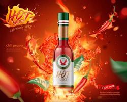 caldo salsa Prodotto Annunci con ardente fuoco effetto su rosso sfondo, 3d illustrazione vettore