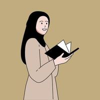 femmina musulmano insegnante Aperto un' libro piatto illustrazione vettore
