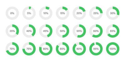 impostato di verde Infografica percentuale torta grafico icone nel piatto stile design isolato su bianca sfondo. vettore