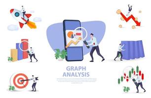 3d impostato di persone interagendo con grafici e analizzando statistiche. dati visualizzazione concetto. vettore