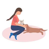 giovane donna seduta su il stuoia con sua animali domestici vettore illustrazione