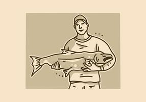 Vintage ▾ arte illustrazione di un' uomo Tenere un' grande pesce vettore