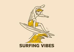 Vintage ▾ illustrazione di uomo fare surf su il onde vettore