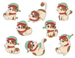 fascio di carino cartone animato gatto nel Natale elfo costume nel diverso pose è giocato isolato su bianca sfondo vettore