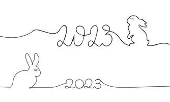 continuo uno linea disegno di coniglietto simbolo di 2023 anno. soffice coniglio silhouette con orecchie nel semplice lineare stile per inverno design saluto carta e ragnatela striscione. scarabocchio vettore illustrazione