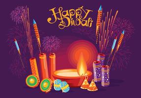 Bruciatura Diya e Fire Cracker su Happy Diwali Holiday Background per Light Festival of India vettore