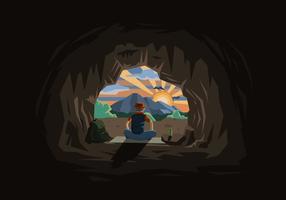 caverna con un uomo e illustrazione del tramonto vettore